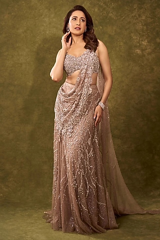 Greyish Silver Shimmer Tulle Sequins & Pearls Embroidered Gown Saree by Dolly J