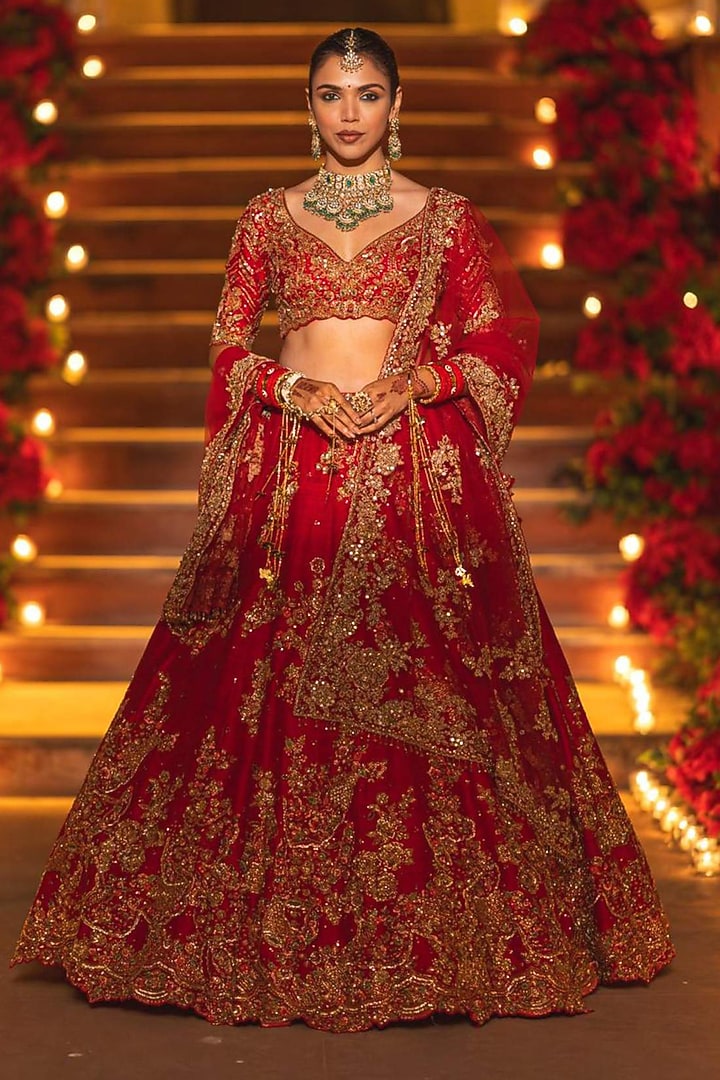 Red Raw Silk Bridal Lehenga Set by Dolly J at Pernia's Pop Up Shop