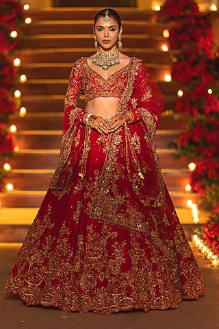 Red Raw Silk Lehenga Set by Dolly J