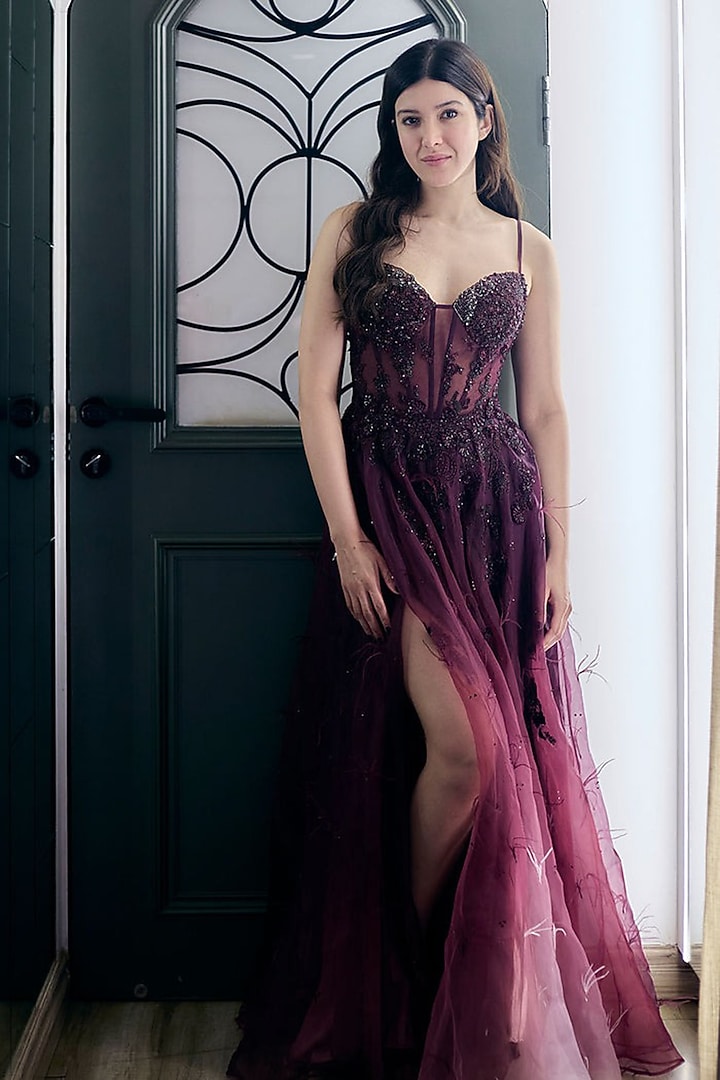 Maroon Shaded Organza Embroidered Wedding Gown by Dolly J at Pernia's Pop Up Shop