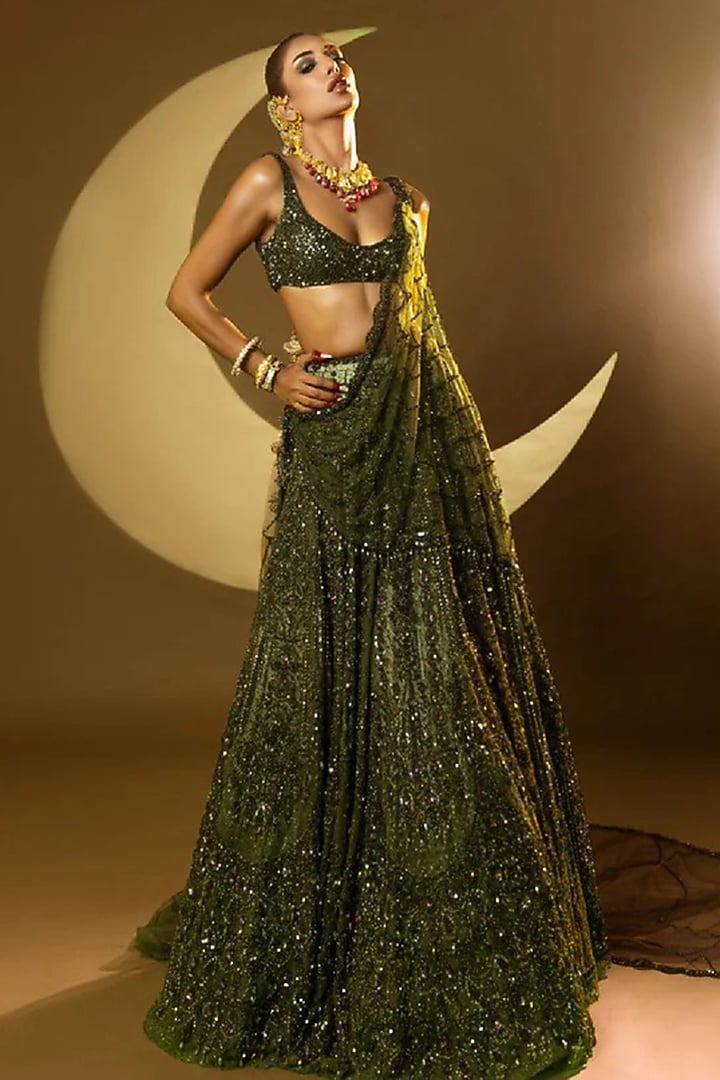 Moss Green Shimmer Tulle Motif Embellished Bridal Lehenga Set by Dolly J at Pernia's Pop Up Shop