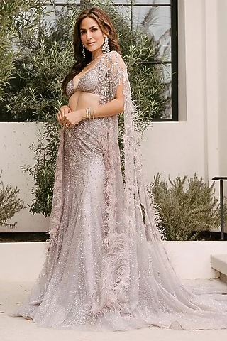 Pale Mauve Shimmer Tulle Embroidered Lehenga Set by Dolly J