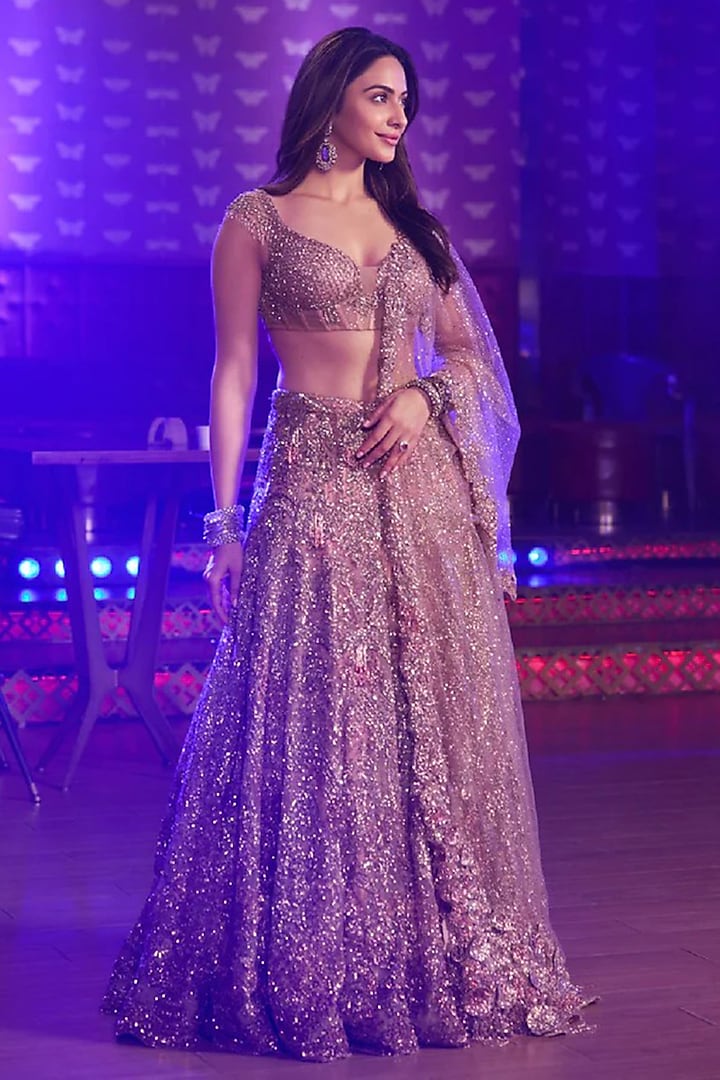 Mauve Pink Shimmer Tulle Bridal Lehenga Set by Dolly J at Pernia's Pop Up Shop