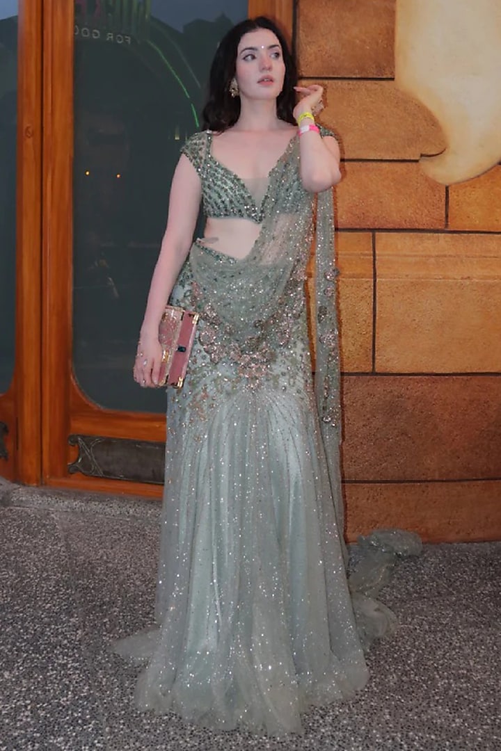 Powdery Sage Shimmer Tulle Crystal Embroidered Draped Bridal Saree Set by Dolly J at Pernia's Pop Up Shop