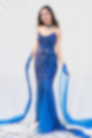 Cobalt Blue Tulle Net Crystal Embroidered Bridal Gown by Dolly J at Pernia's Pop Up Shop