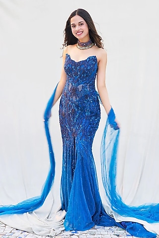 Cobalt Blue Tulle Net Crystal Embroidered Gown by Dolly J