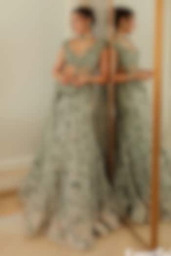 Mint Green Net Hand Embroidered Cocktail Bridal Lehenga Set by Dolly J at Pernia's Pop Up Shop