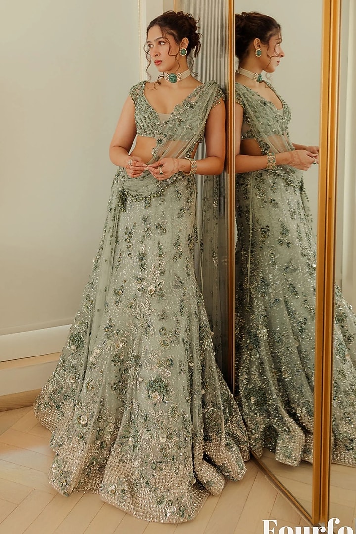 Mint Green Net Hand Embroidered Cocktail Bridal Lehenga Set by Dolly J at Pernia's Pop Up Shop