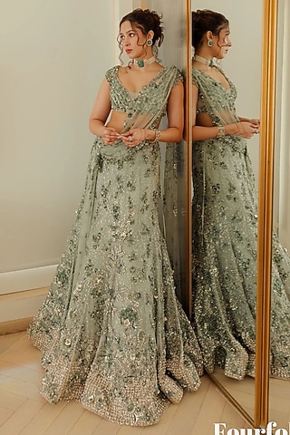 Mint Green Net Hand Embroidered Cocktail Lehenga Set by Dolly J