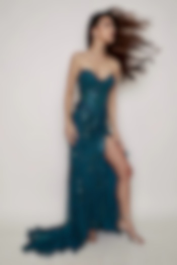 Teal Net Crystal Embellished Bridal Gown by Dolly J at Pernia's Pop Up Shop