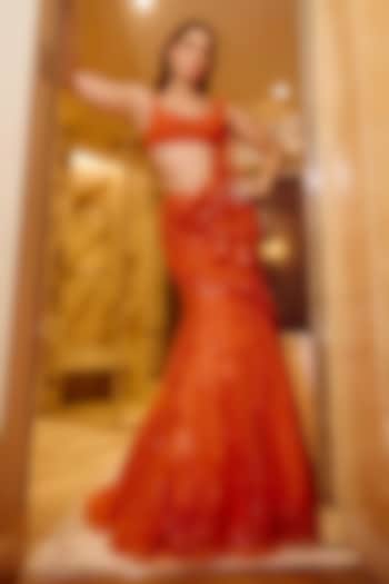 Tangerine Orange Net Sequins Hand Embroidered Draped Skirt Bridal Saree Set by Dolly J at Pernia's Pop Up Shop