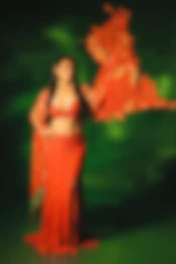 Red-Orange Chiffon Flared Slit Skirt Set by Dolly J at Pernia's Pop Up Shop