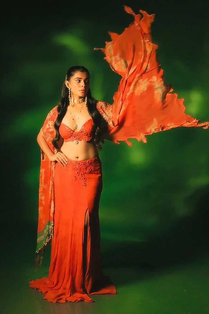 Red-Orange Chiffon Flared Slit Skirt Set by Dolly J at Pernia's Pop Up Shop