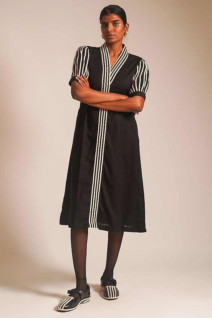 Black Cotton Dori Embellished A-line Summer Dress by ATBW | All Things Black & White at Pernia's Pop Up Shop