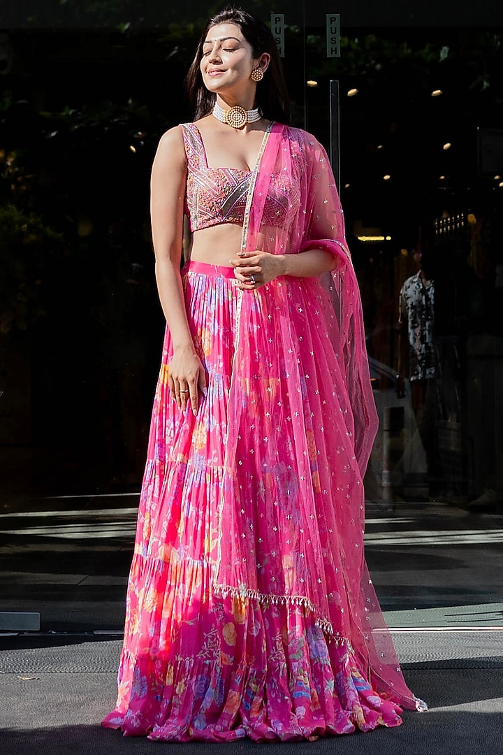 Pink Raw Silk & Georgette Floral Printed Frilled Wedding Lehenga Set by Chamee and Palak at Pernia's Pop Up Shop