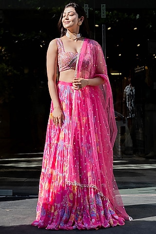 Pink Raw Silk & Georgette Floral Printed Frilled Lehenga Set by Chamee and Palak