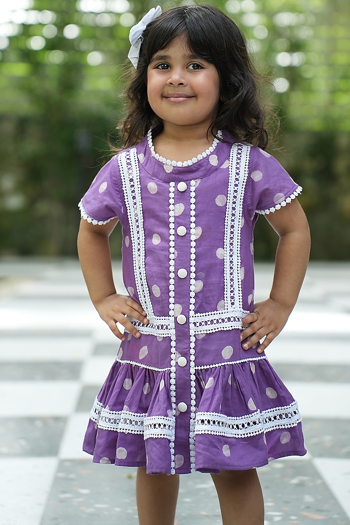 Mauve Mulmul Polka Dot Hand Block Printed Gathered Dress For Girls by Pankhuri by Priyanka - Kids at Pernia's Pop Up Shop