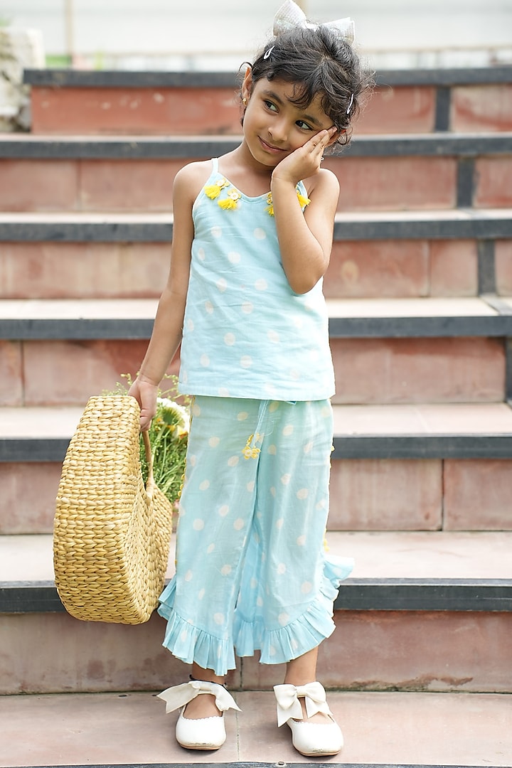 Powder Blue Mul Chanderi Hand Block Polka Dot Printed Co-Ord For Girls by Pankhuri by Priyanka - Kids at Pernia's Pop Up Shop