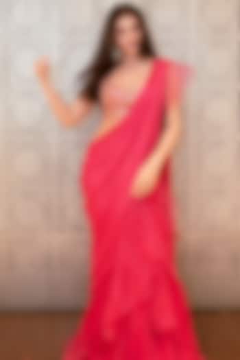 Pink Chiffon & Organza Ruffled Reception Saree Set by GOPI VAID at Pernia's Pop Up Shop