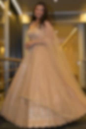 Dusty Peach Dupion Silk Mirror & Applique Embroidered Wedding Lehenga Set by Chamee and Palak at Pernia's Pop Up Shop