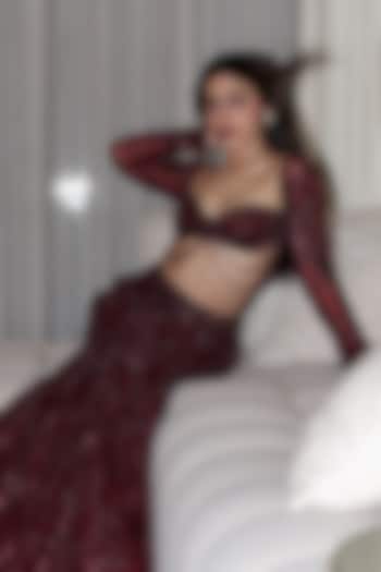 Maroon Tulle Embellished Mermaid Trail Bridal Lehenga Set by DiyaRajvvir at Pernia's Pop Up Shop