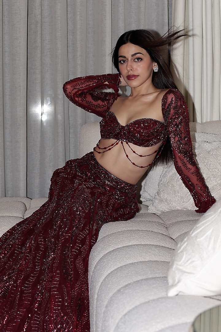 Maroon Tulle Embellished Mermaid Trail Bridal Lehenga Set by DiyaRajvvir at Pernia's Pop Up Shop
