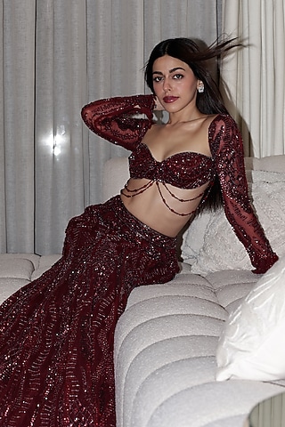 Maroon Tulle Embellished Mermaid Trail Lehenga Set by DiyaRajvvir