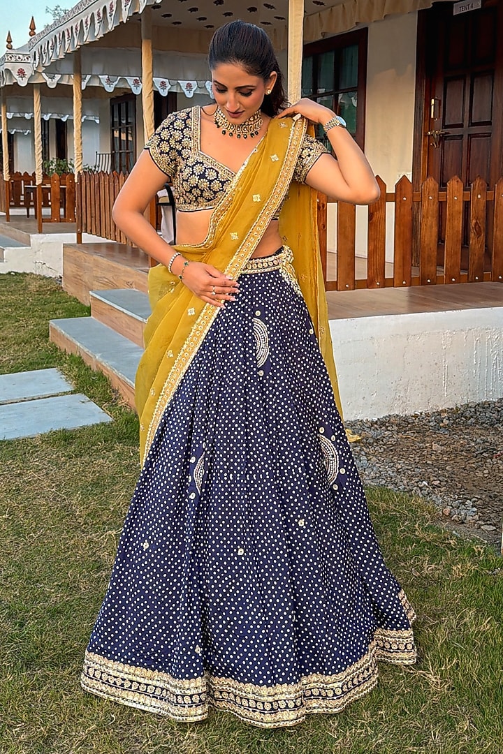 Navy Blue Gajji Silk Bridal Lehenga Set by Faabiiana at Pernia's Pop Up Shop