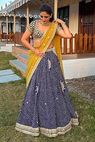 Navy Blue Gajji Silk Lehenga Set by Faabiiana