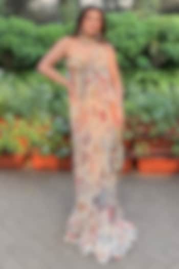 Beige Crepe Featherfall Printed Draped Skirt Wedding Saree Set by DiyaRajvvir at Pernia's Pop Up Shop