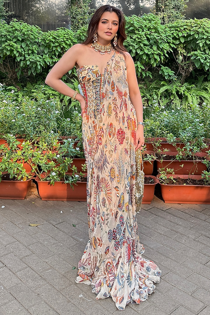 Beige Crepe Featherfall Printed Draped Skirt Wedding Saree Set by DiyaRajvvir at Pernia's Pop Up Shop