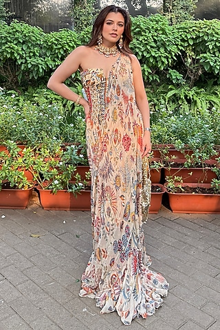 Beige Crepe Featherfall Printed Draped Skirt Saree Set by DiyaRajvvir