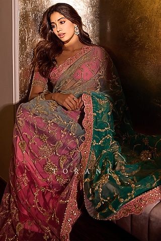 Pink & Aqua Blue Butterfly Net Sequin & Pearl Embellished Saree Set by Torani