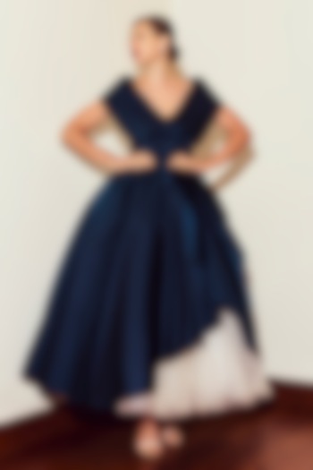 Blue Duchess Satin Midi Party Wear Dress by Gauri and Nainika at Pernia's Pop Up Shop