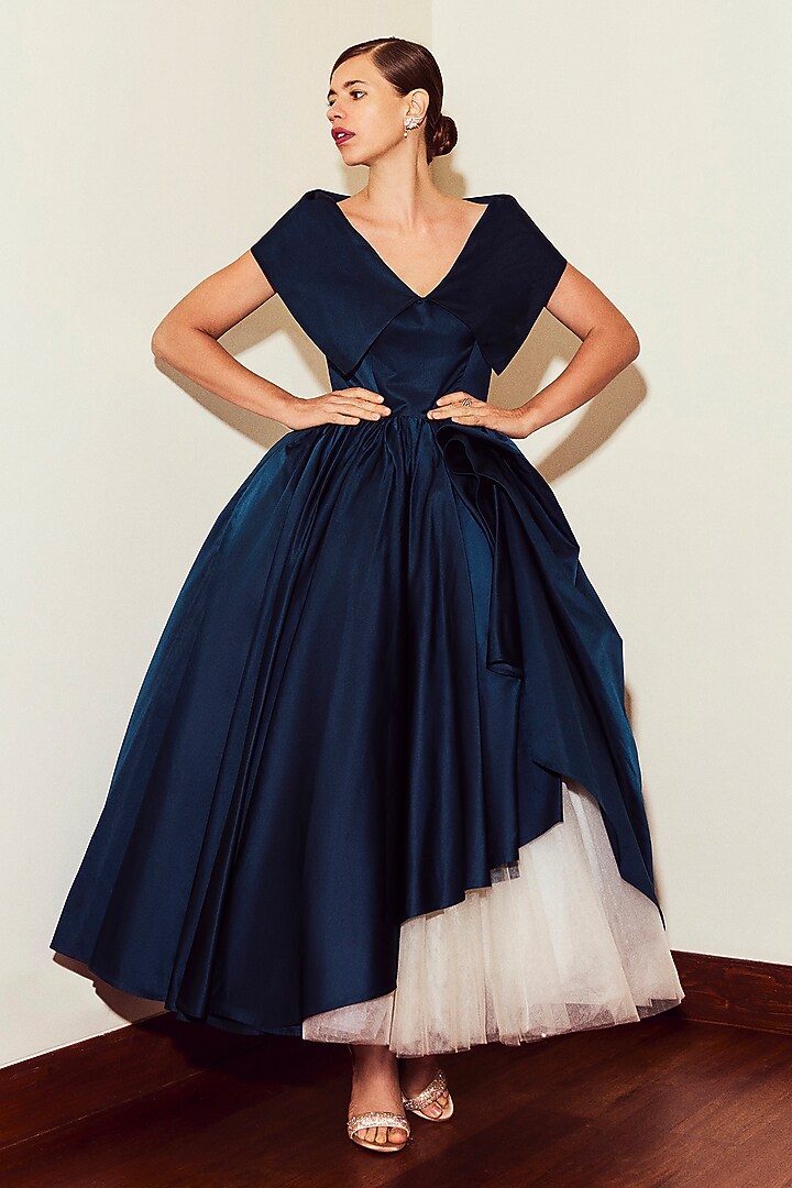 Blue Duchess Satin Midi Party Wear Dress by Gauri and Nainika at Pernia's Pop Up Shop