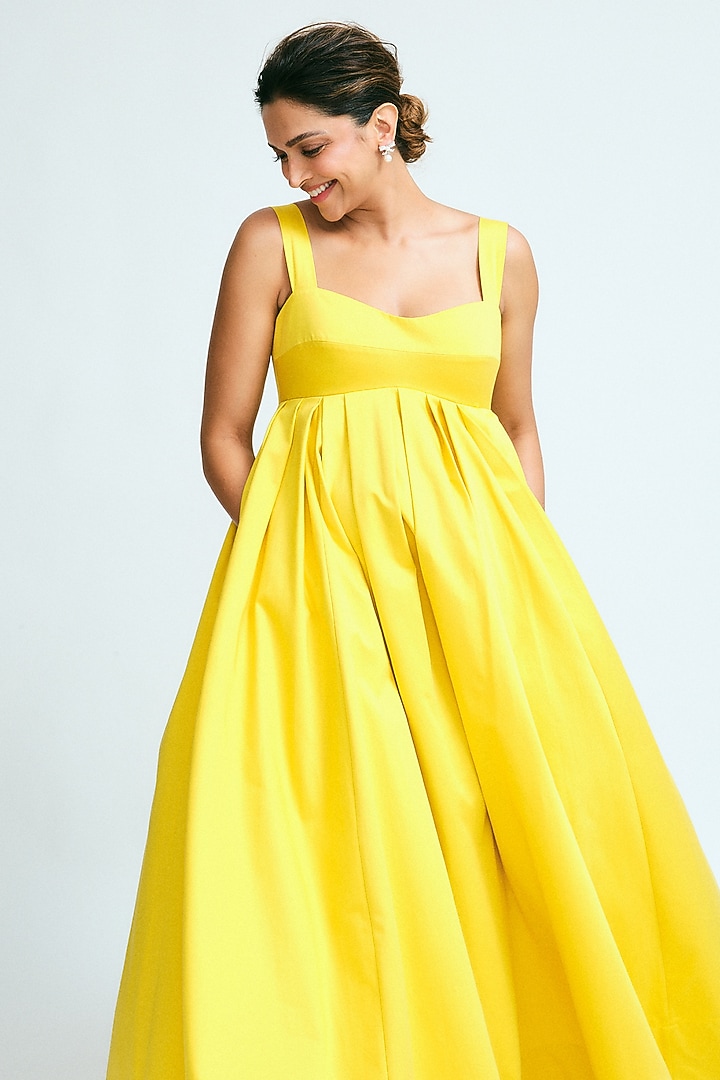 Yellow Heavy Cotton Maxi Party Wear Dress by Gauri and Nainika at Pernia's Pop Up Shop