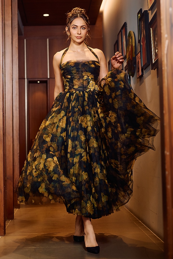 Multi-Colored Organza Halter Corset Party Wear Dress by Gauri And Nainika at Pernia's Pop Up Shop