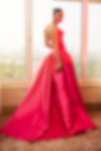 Fuchsia Mikado Drop Waisted High-Low Bridal Gown by Gauri and Nainika at Pernia's Pop Up Shop