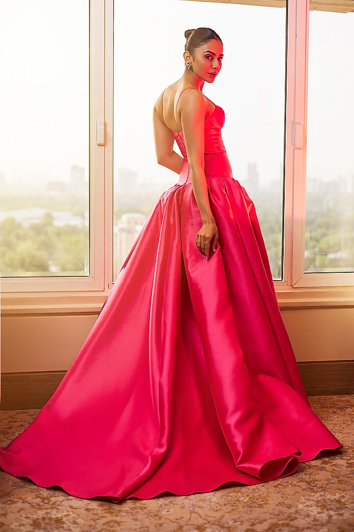 Fuchsia Mikado Drop Waisted High-Low Bridal Gown by Gauri and Nainika at Pernia's Pop Up Shop