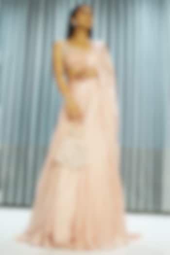 Pink Viscose Georgette Satin Pre-Draped Wedding Saree Set by Parshya at Pernia's Pop Up Shop
