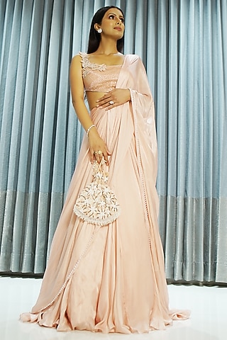 Pink Viscose Georgette Satin Pre-Draped Saree Set by Parshya