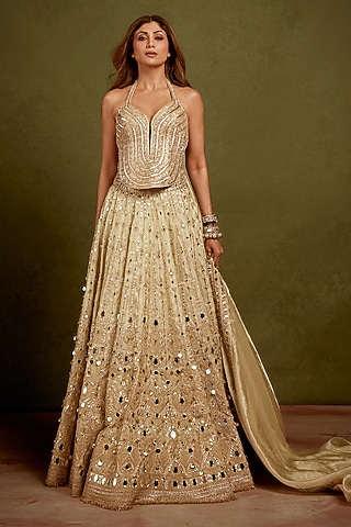 Gold Pure Tissue Mirror Embellished Bridal Lehenga Set by GOPI VAID