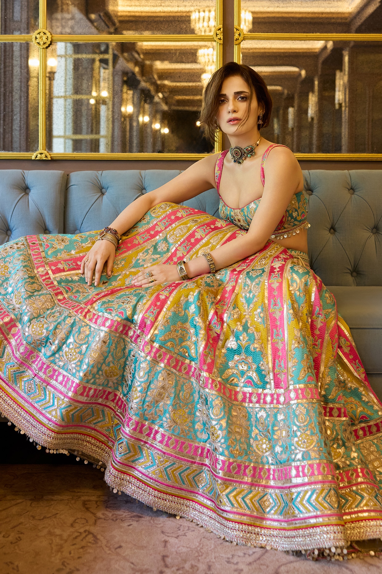 Gopi Vaid Multi-Colored Georgette Mirror Embroidered Lehenga Set