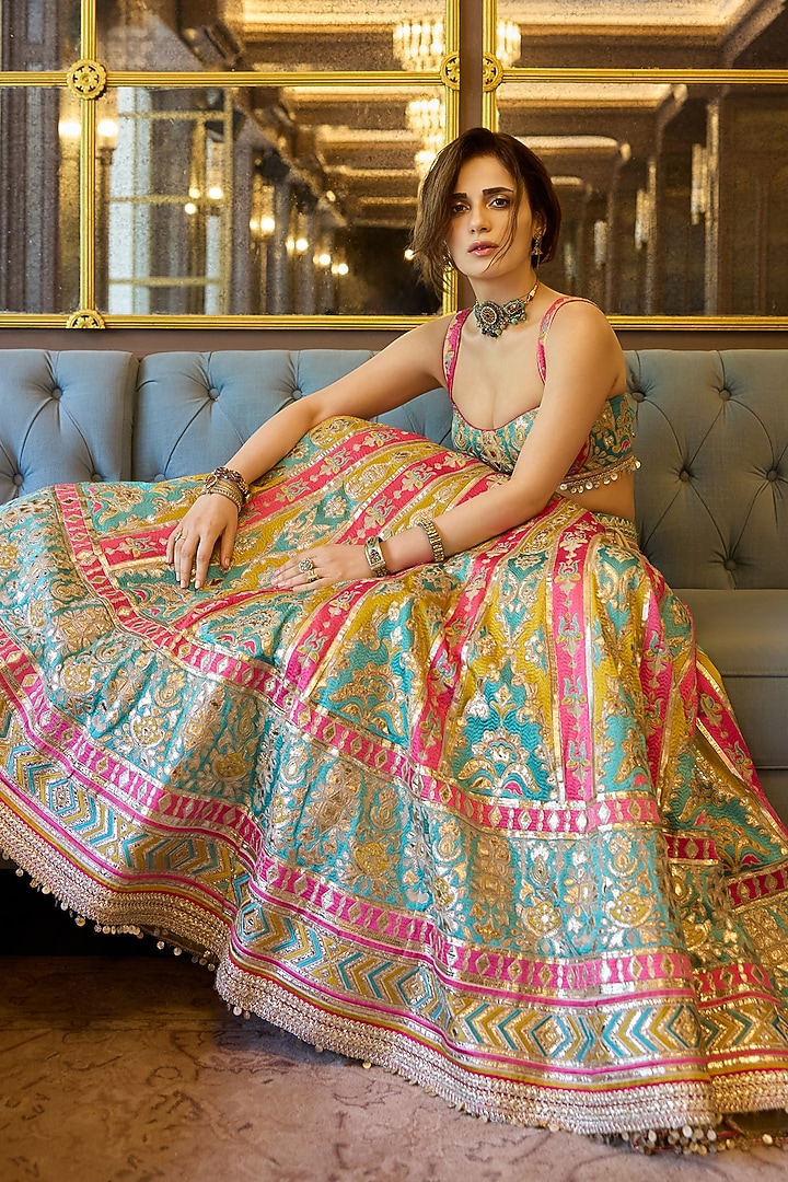 Multi-Colored Georgette Mirror Embroidered Wedding Lehenga Set by Gopi Vaid at Pernia's Pop Up Shop
