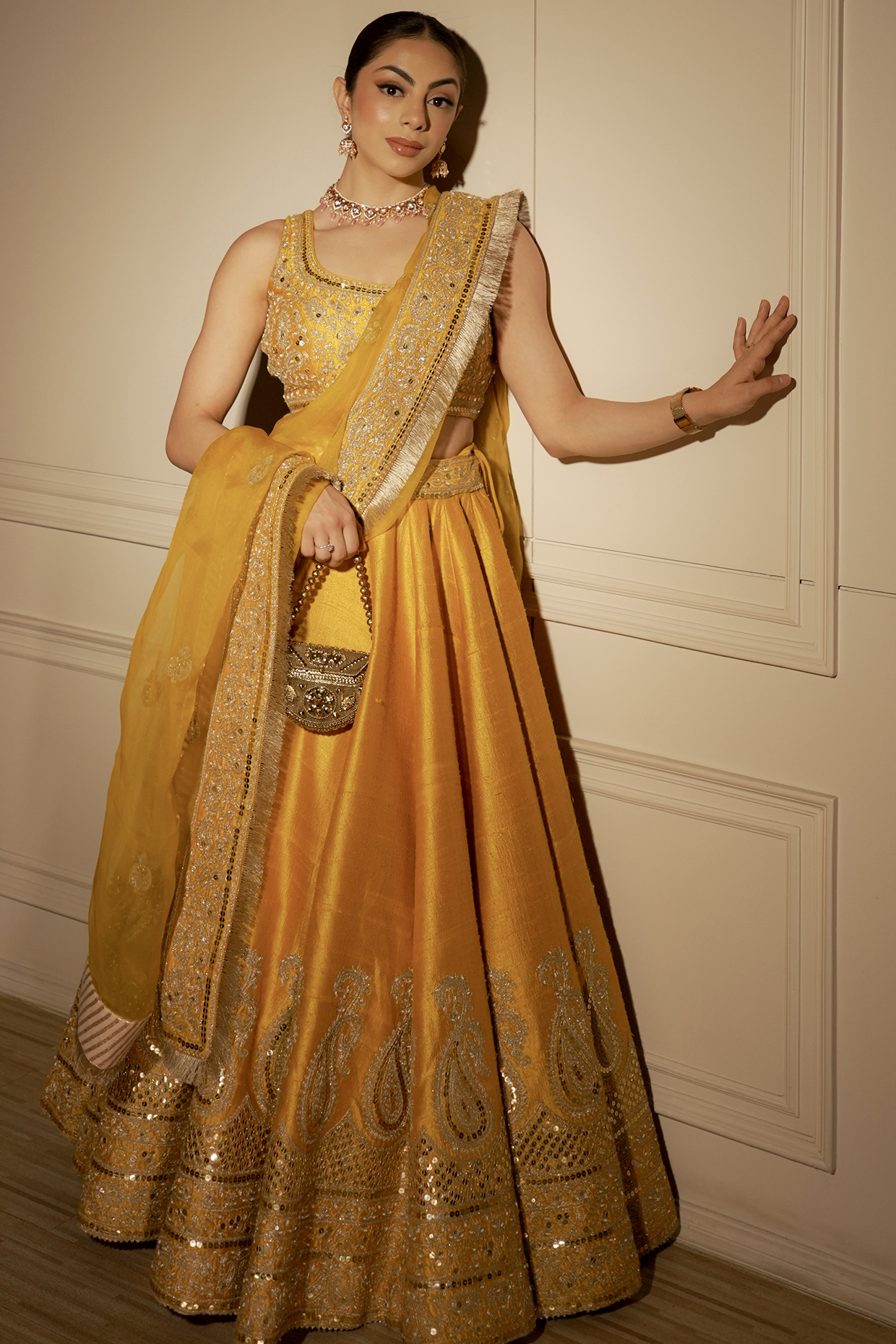 Mustard Pure Raw Silk Sitara Embroidered Bridal lehenga for 22 Lehenga Set by Sheetal Batra at Pernia's Pop Up Shop