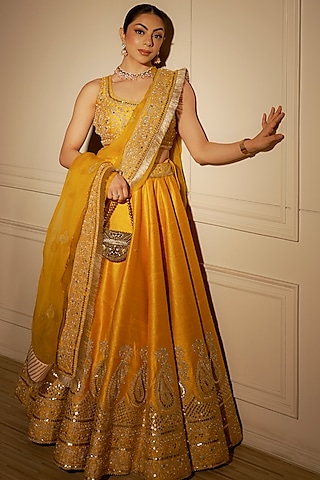 Mustard Pure Raw Silk Sitara Embroidered Lehenga Set by Sheetal Batra