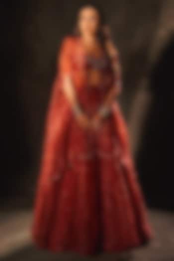 Red Organza Printed  dulhan bday 22 may Lehenga Set by Ridhi Mehra at Pernia's Pop Up Shop
