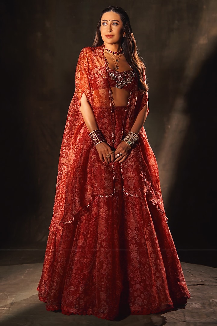 Red Organza Printed Wedding Lehenga Set by Ridhi Mehra at Pernia's Pop Up Shop