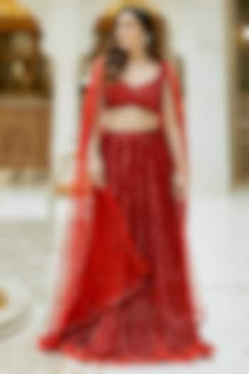 Red Georgette Sequins Embroidered  dulhan bday 22 may Lehenga Set by Nidhika Shekhar at Pernia's Pop Up Shop