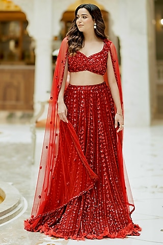 Red Georgette Sequins Embroidered Lehenga Set by Nidhika Shekhar